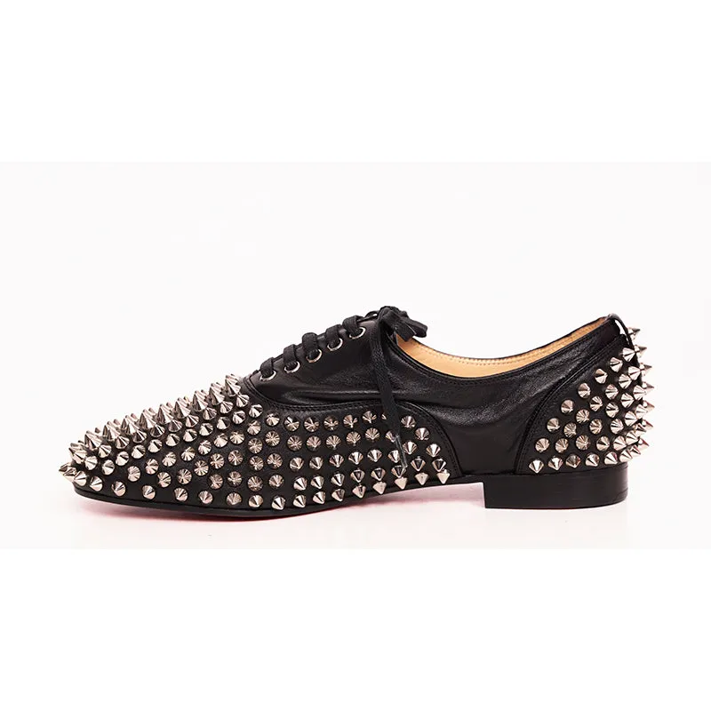 37 NEW $995 CHRISTIAN LOUBOUTIN Black Leather FREDDY STUDDED SPIKE Oxford Shoes