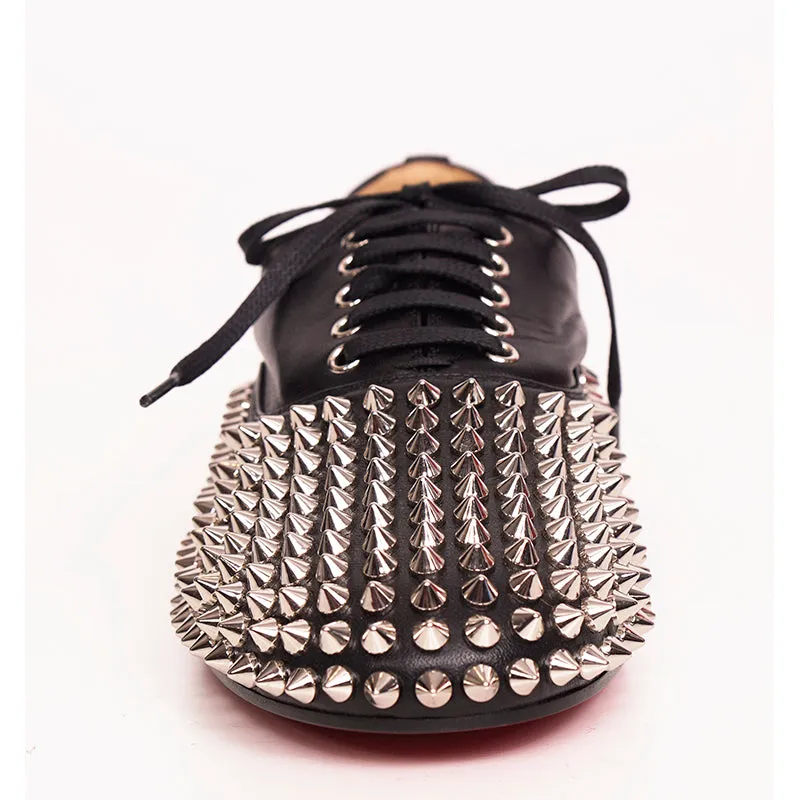 37 NEW $995 CHRISTIAN LOUBOUTIN Black Leather FREDDY STUDDED SPIKE Oxford Shoes