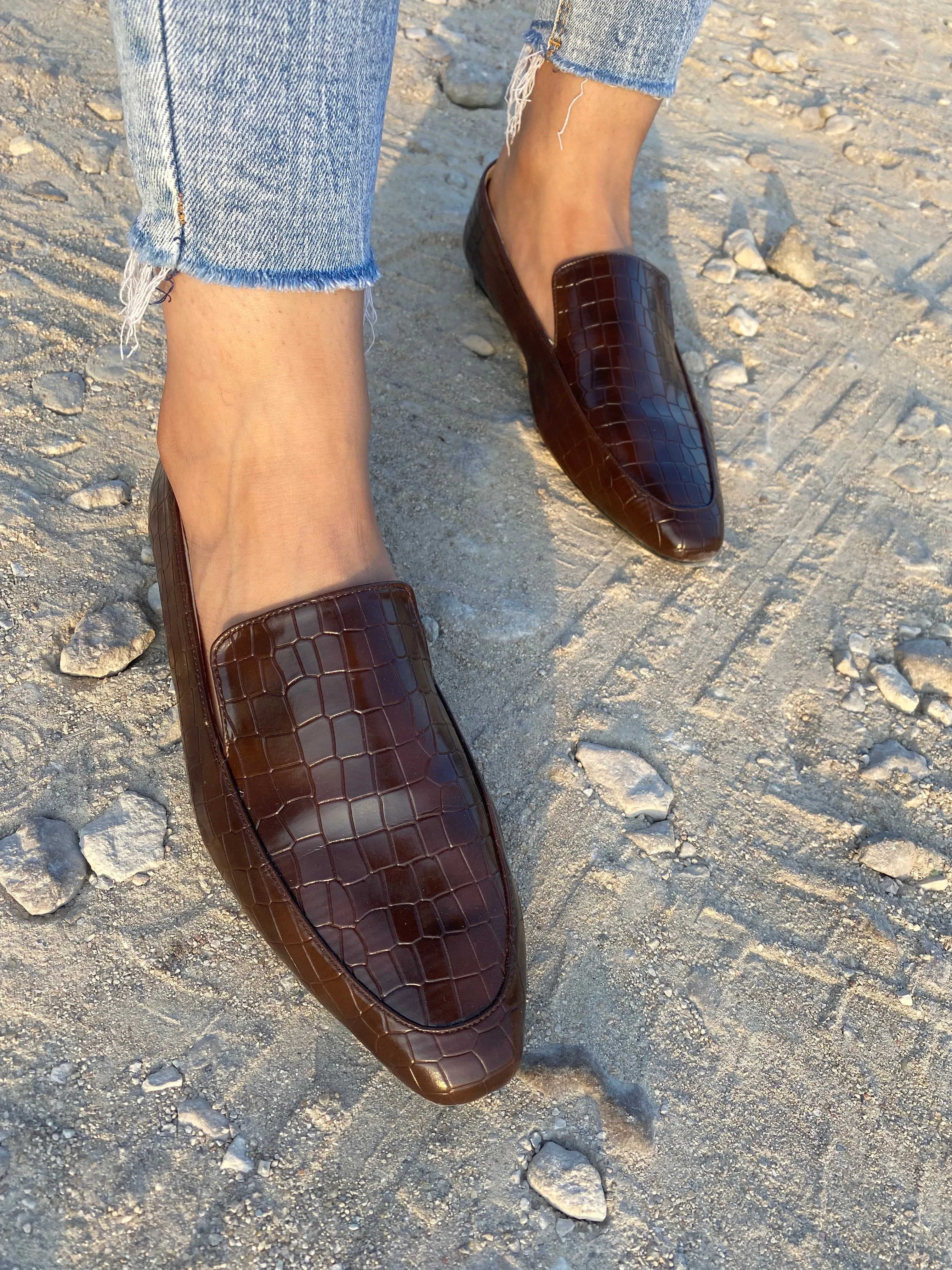 Brown Croco Power Square Toe Loafers