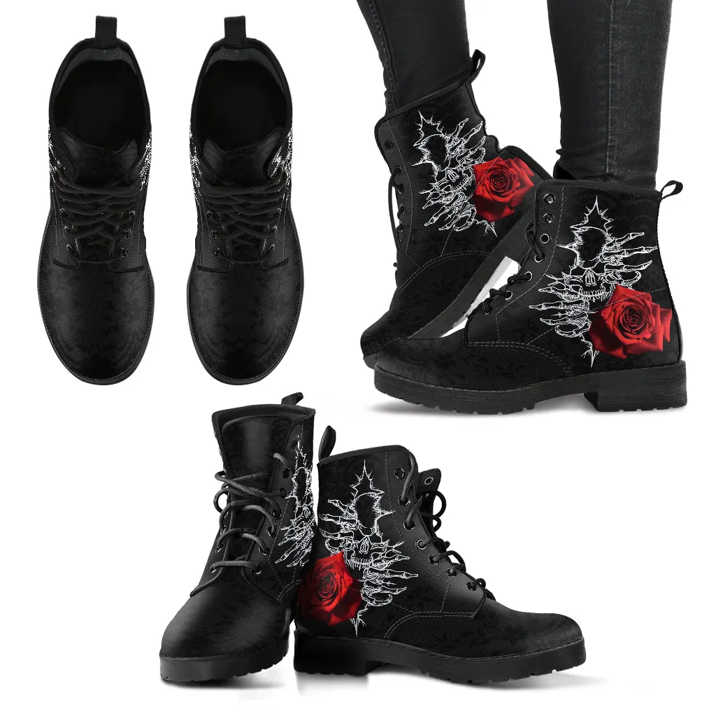 Combat Boots - Goth Shoes #101 Skulls & Roses, Black Gothic Lace Print | Vegan Leather Lace Up Boots, Custom Shoes Boho, Goth Witch Boots