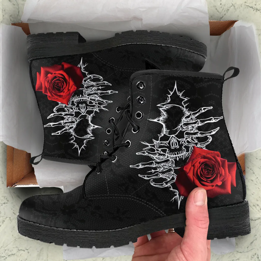 Combat Boots - Goth Shoes #101 Skulls & Roses, Black Gothic Lace Print | Vegan Leather Lace Up Boots, Custom Shoes Boho, Goth Witch Boots