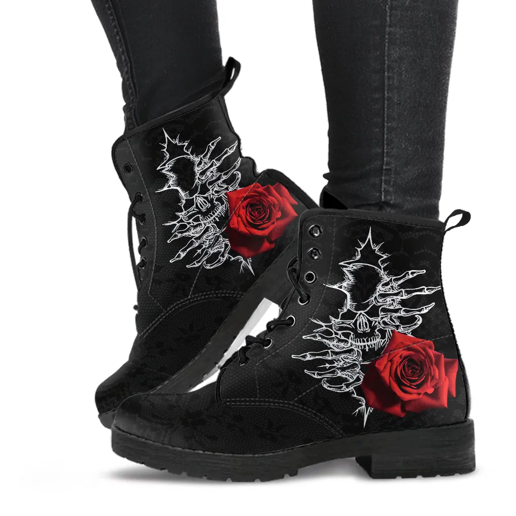 Combat Boots - Goth Shoes #101 Skulls & Roses, Black Gothic Lace Print | Vegan Leather Lace Up Boots, Custom Shoes Boho, Goth Witch Boots