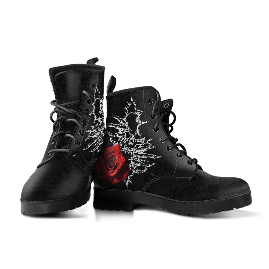Combat Boots - Goth Shoes #101 Skulls & Roses, Black Gothic Lace Print | Vegan Leather Lace Up Boots, Custom Shoes Boho, Goth Witch Boots