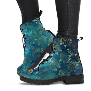 Combat Boots - Rugged Look Green Boots with Roses | Custom Shoes, Vegan Shoes, 90s Boots, 2000s Boots, Hippie Boots, Women's Boots