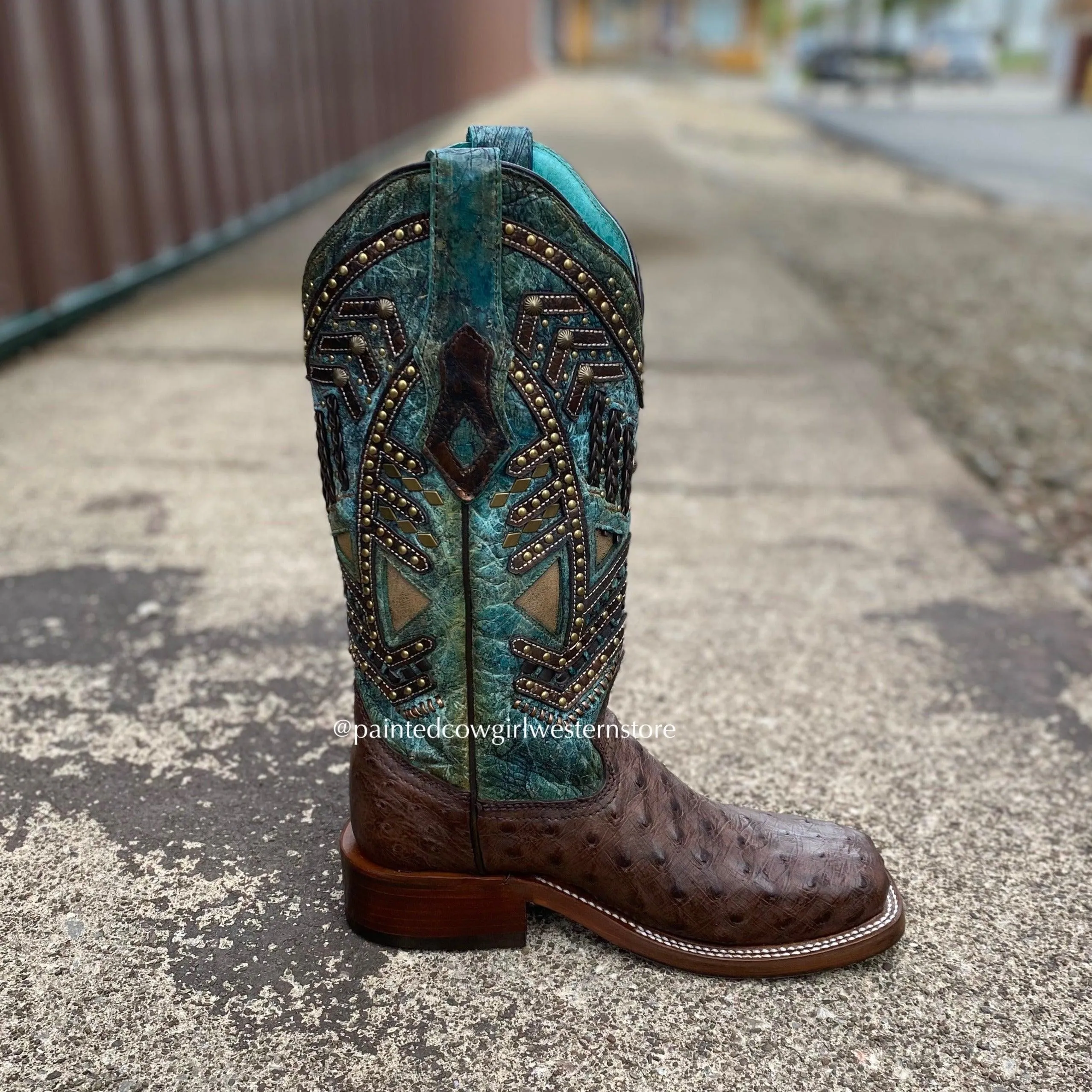 Corral Women's Chocolate Full Quill Ostrich w/ Turquoise Shaft Square Toe Cowgirl Boots A4059