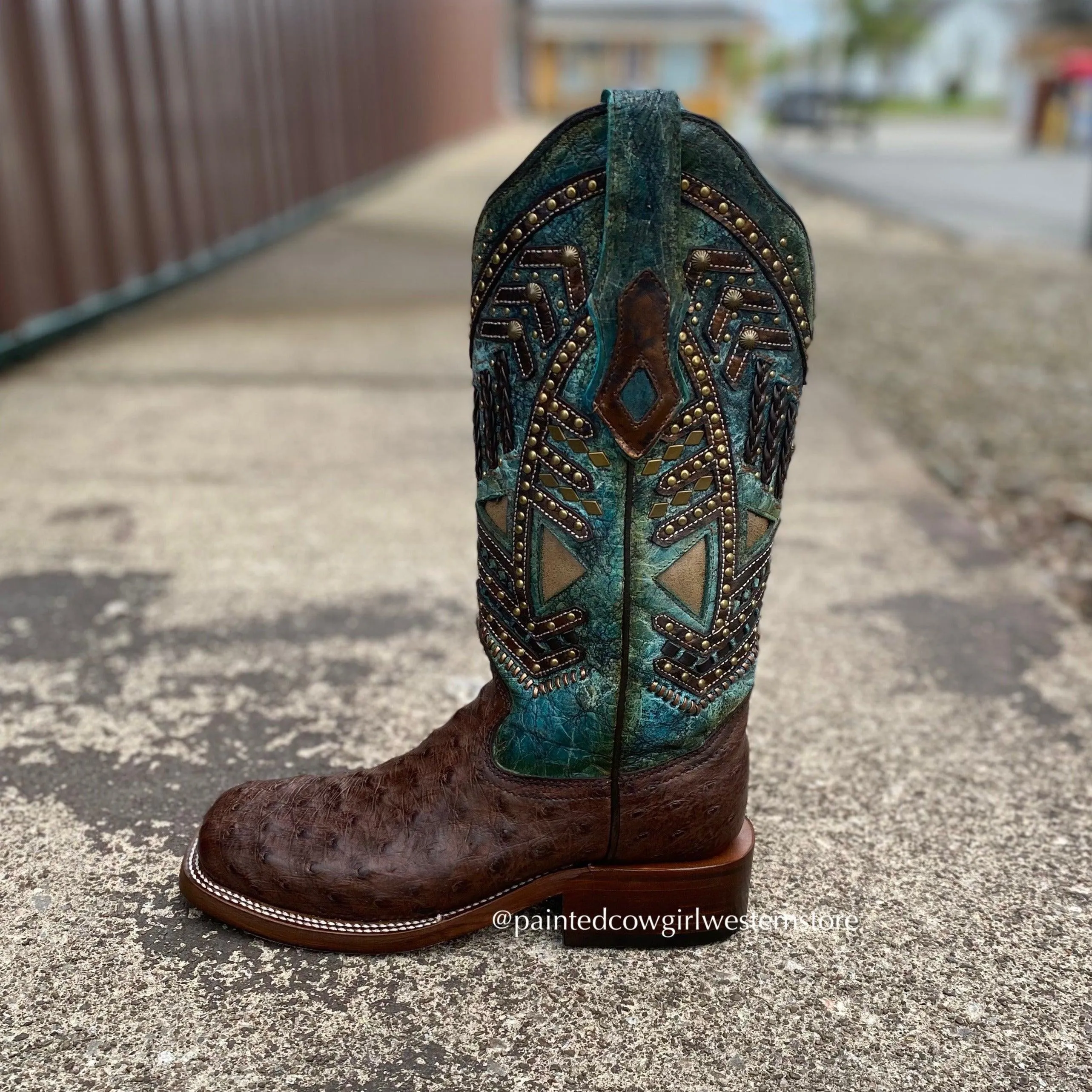 Corral Women's Chocolate Full Quill Ostrich w/ Turquoise Shaft Square Toe Cowgirl Boots A4059