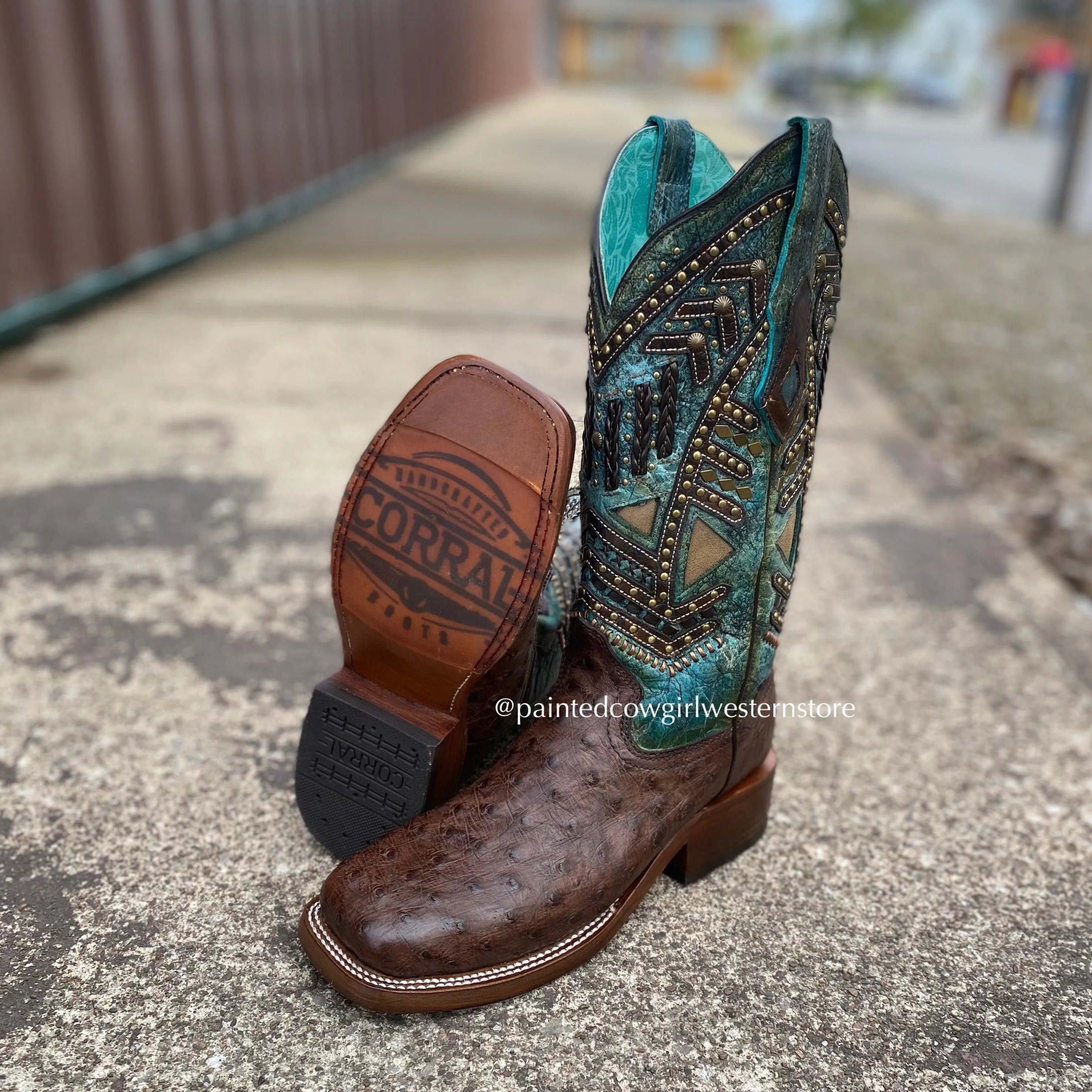 Corral Women's Chocolate Full Quill Ostrich w/ Turquoise Shaft Square Toe Cowgirl Boots A4059