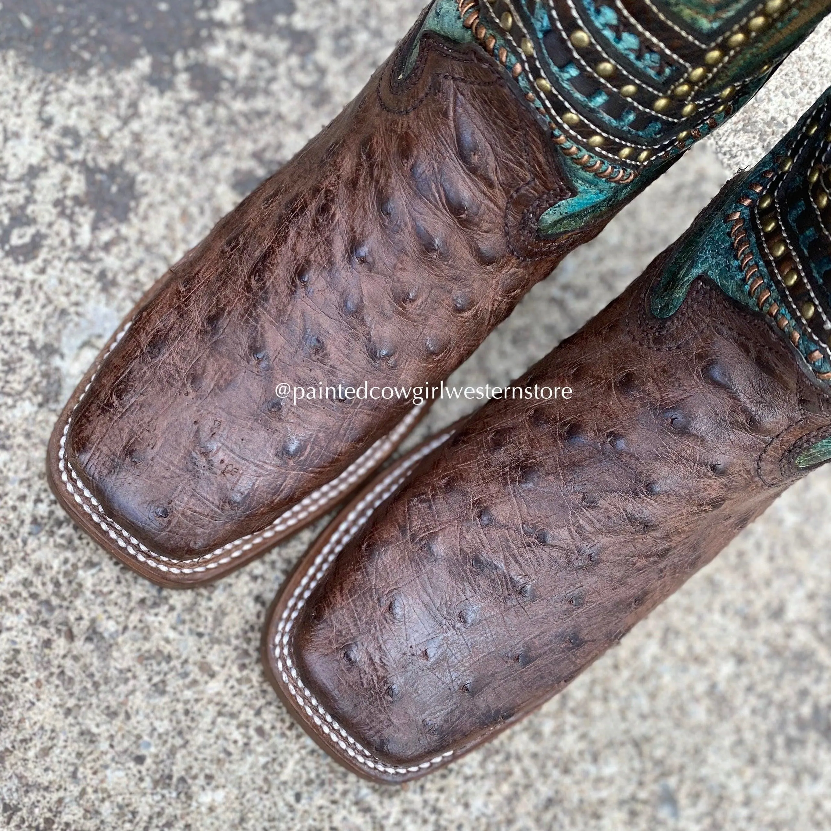 Corral Women's Chocolate Full Quill Ostrich w/ Turquoise Shaft Square Toe Cowgirl Boots A4059