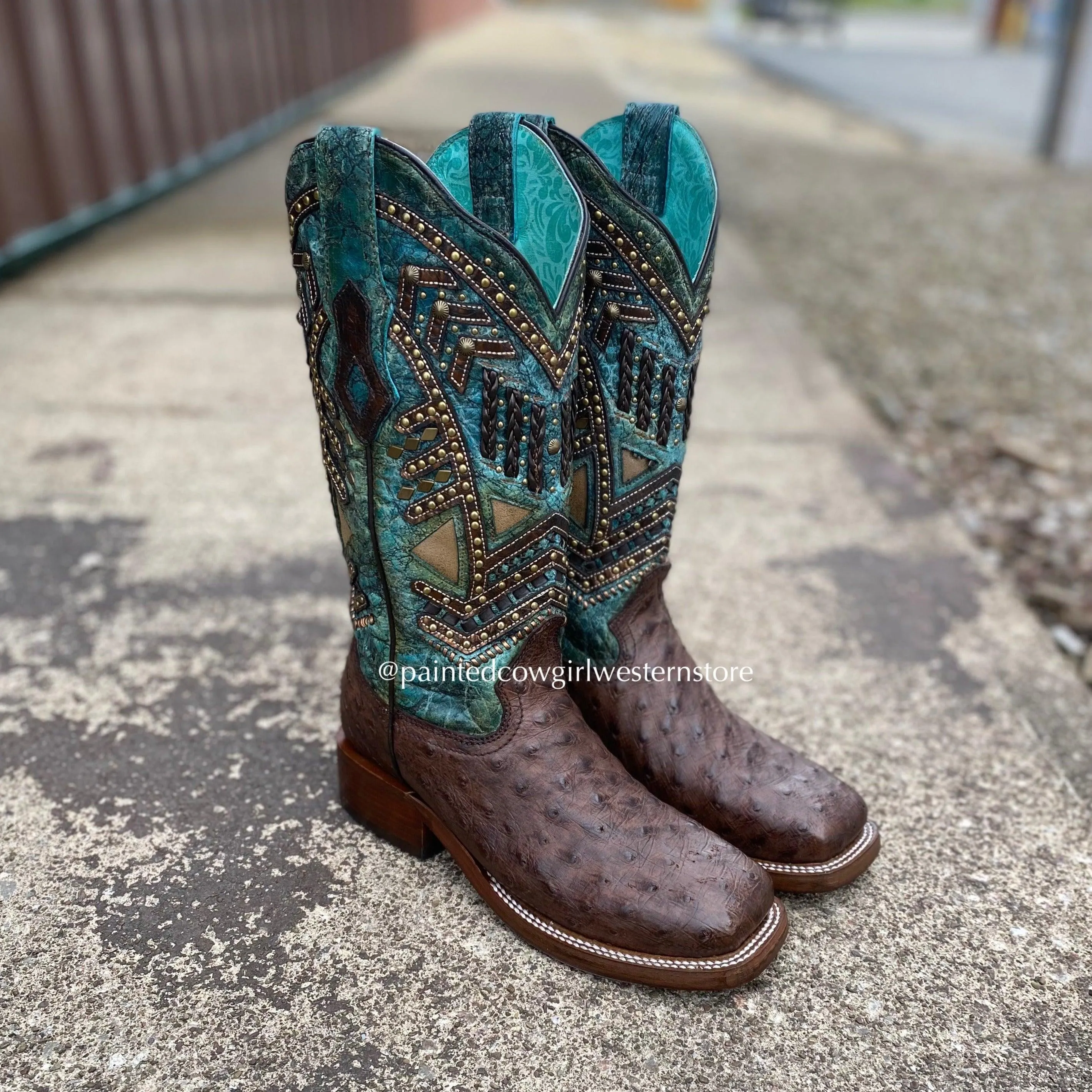 Corral Women's Chocolate Full Quill Ostrich w/ Turquoise Shaft Square Toe Cowgirl Boots A4059