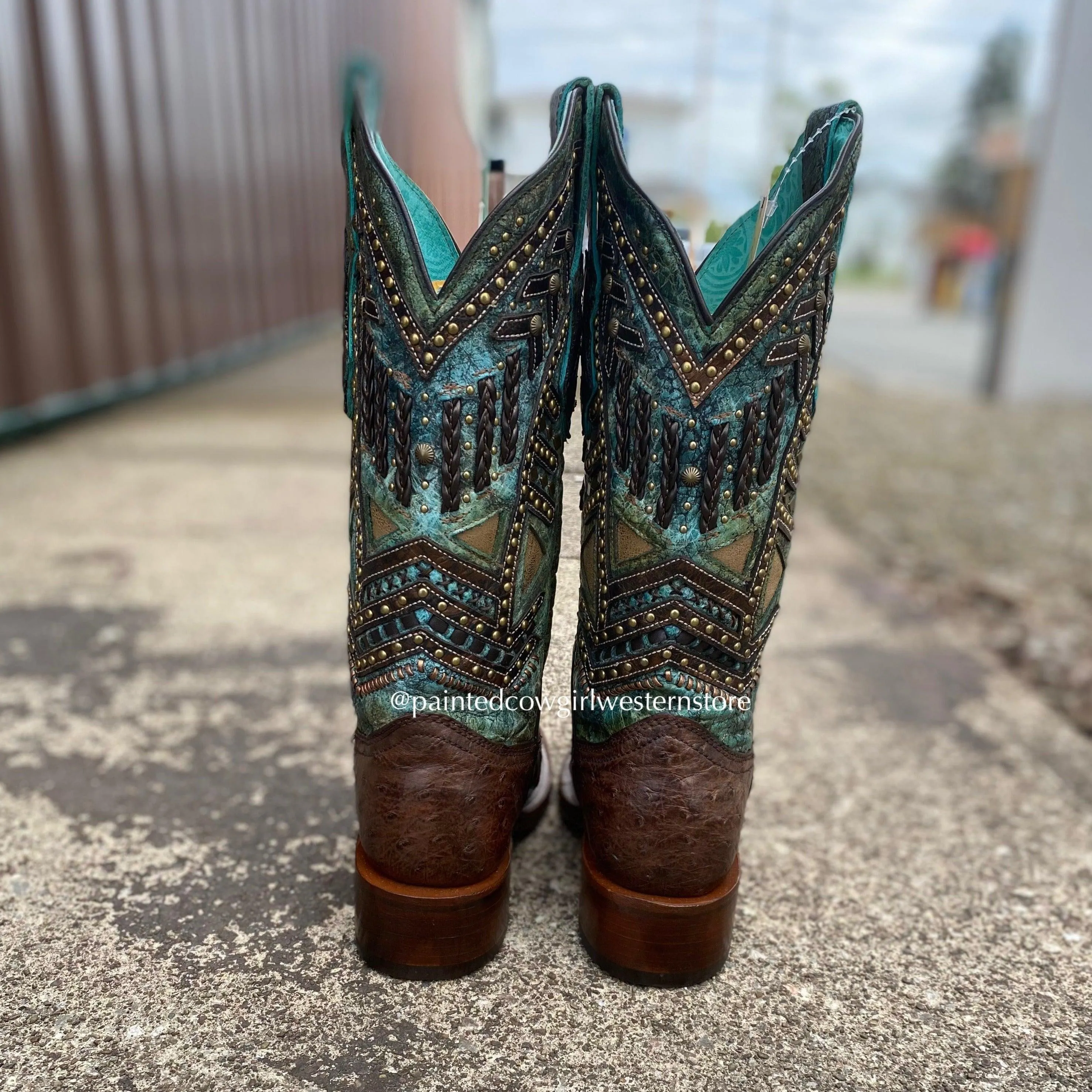 Corral Women's Chocolate Full Quill Ostrich w/ Turquoise Shaft Square Toe Cowgirl Boots A4059