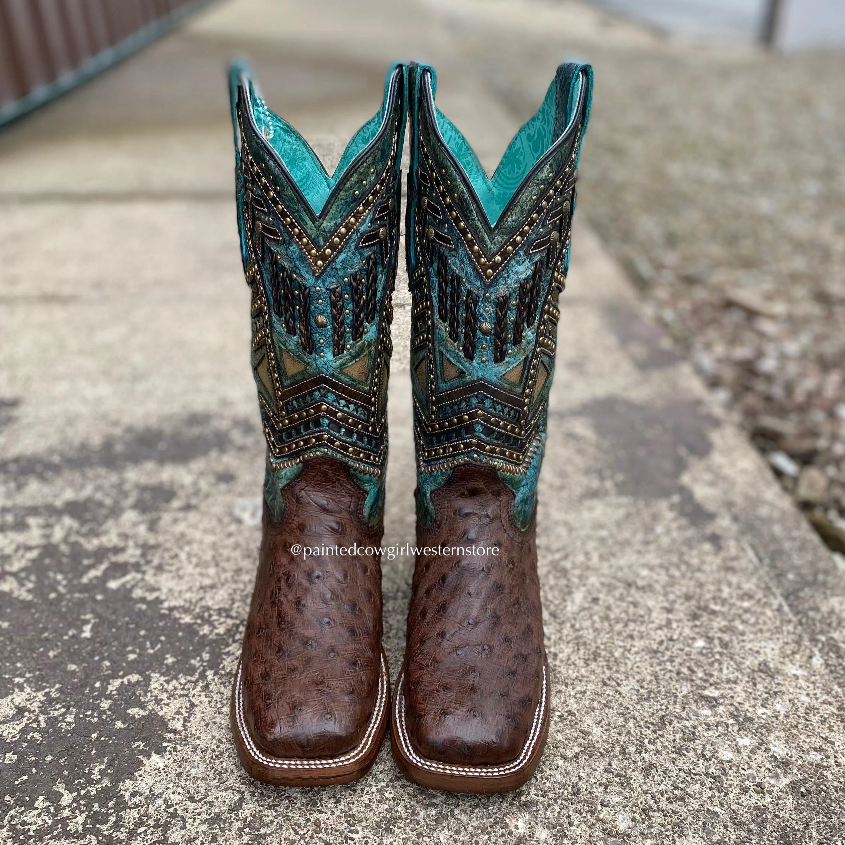 Corral Women's Chocolate Full Quill Ostrich w/ Turquoise Shaft Square Toe Cowgirl Boots A4059