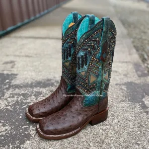 Corral Women's Chocolate Full Quill Ostrich w/ Turquoise Shaft Square Toe Cowgirl Boots A4059