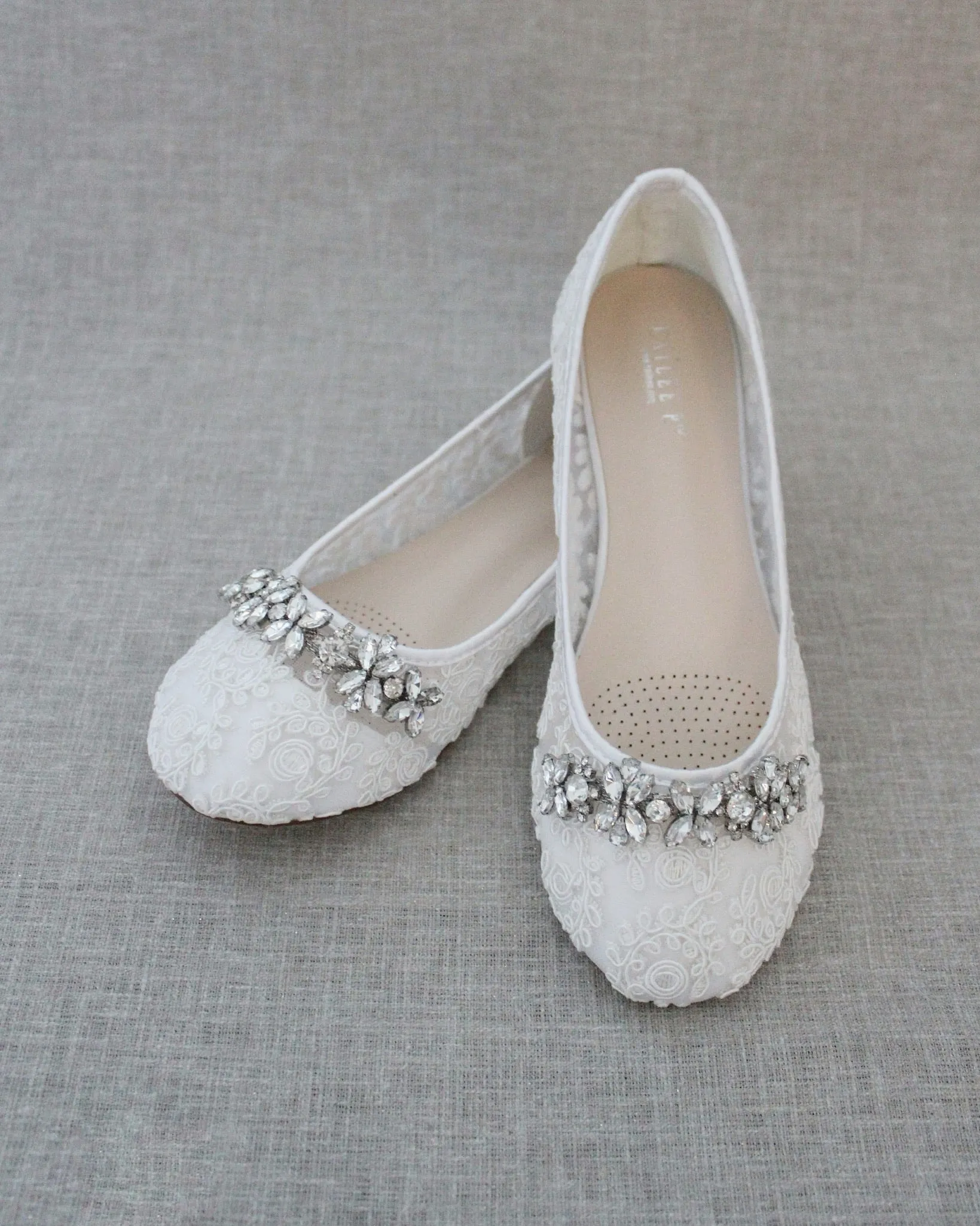 Crochet Lace Round Toe Flats with Floral Rhinestones