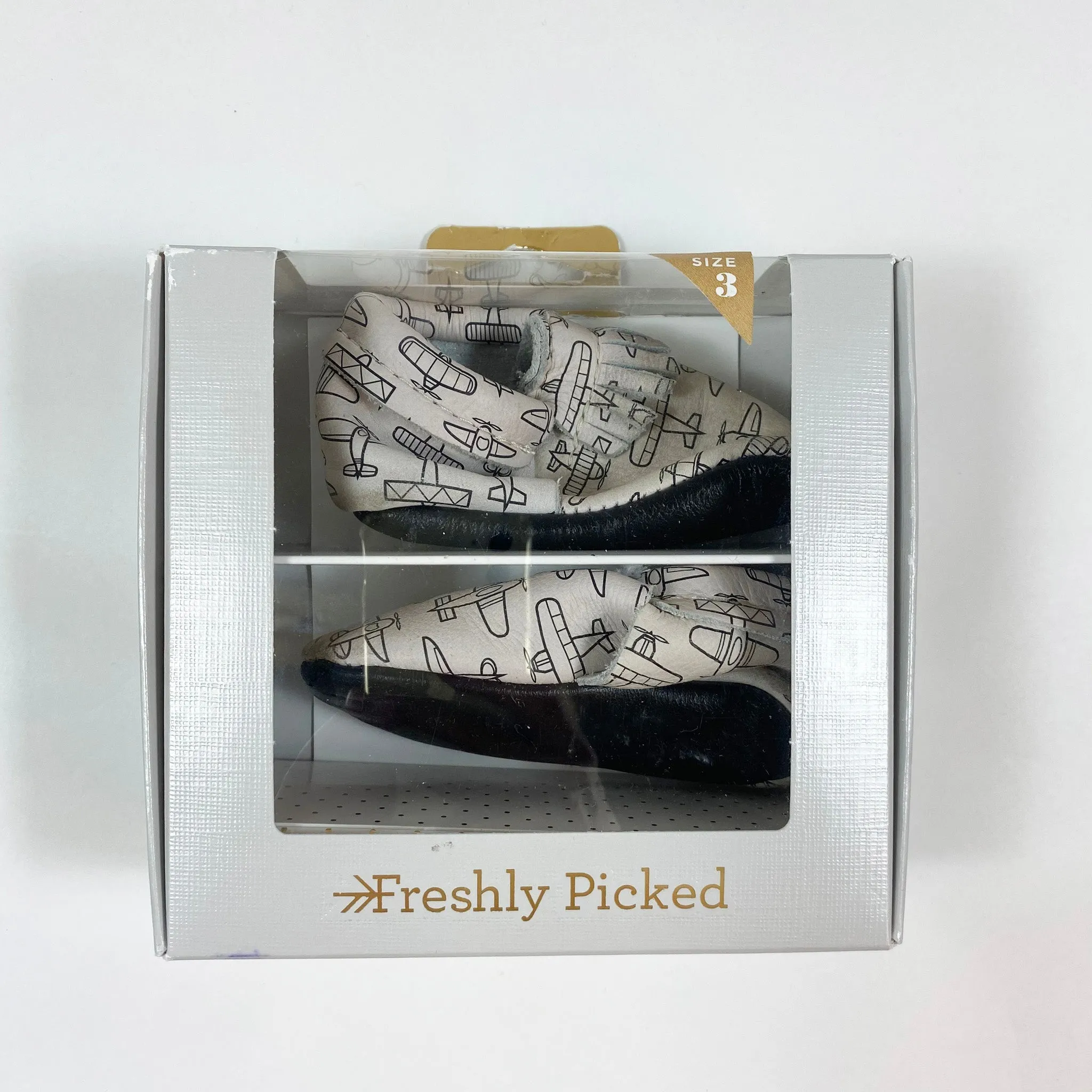 Freshly Picked airplane print soft-sole leather moccasins 3/12-18M
