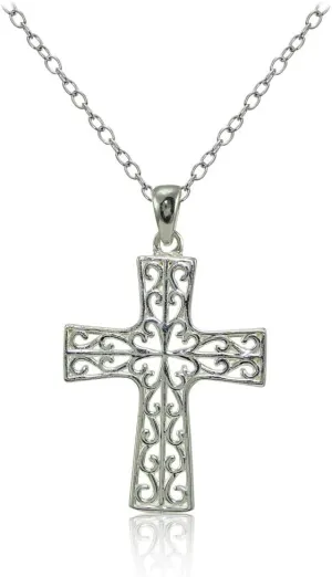Hoops & Loops Sterling Silver High Polished Filigree Cross Necklace