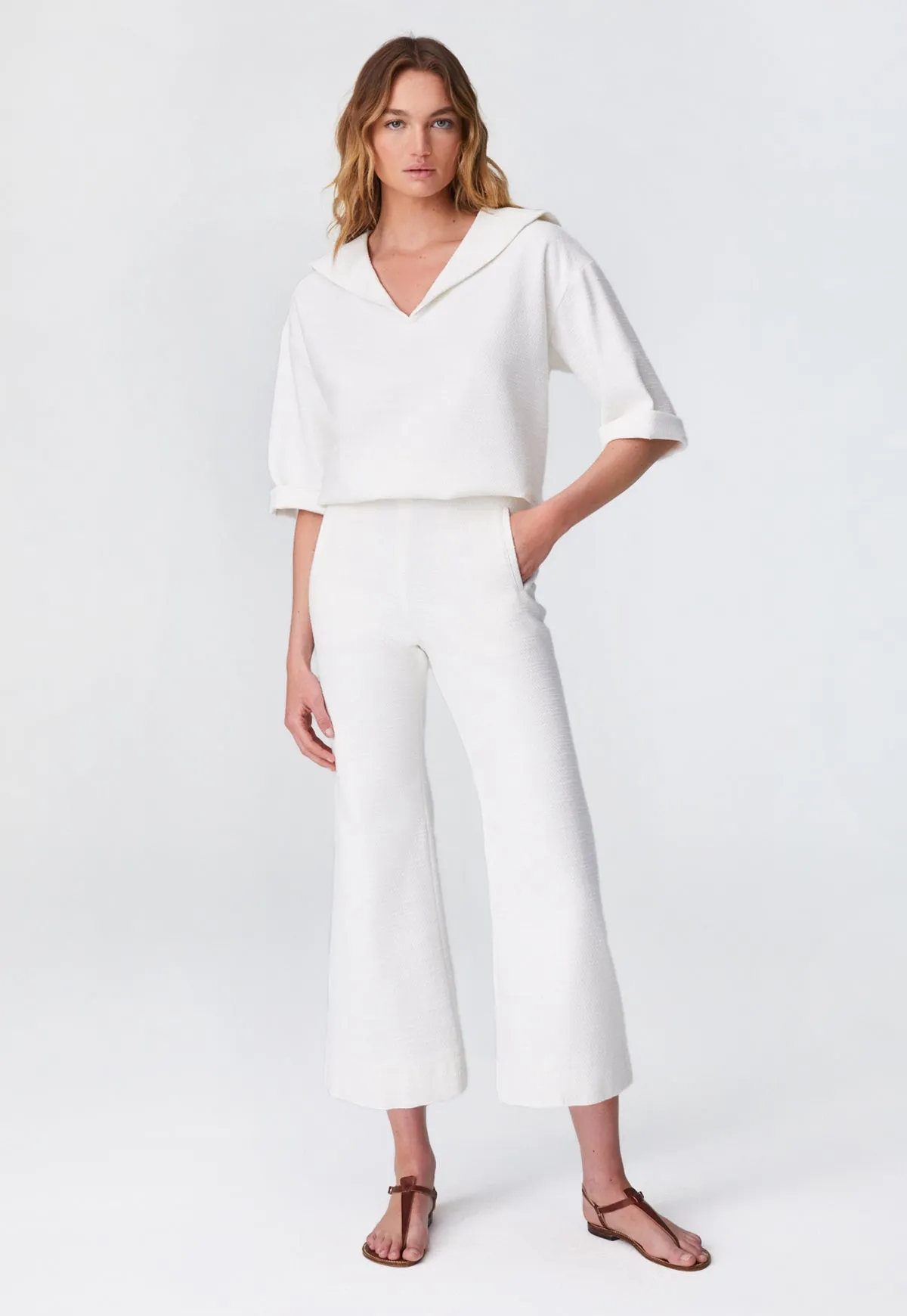 THE FLARE TROUSER in WHITE TEXTURED COTTON