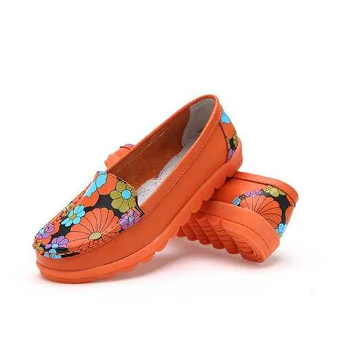 Women Fashion Casual Comfortable Soft Breathable Flower Leather Round Toe Flat Loafer Shoes