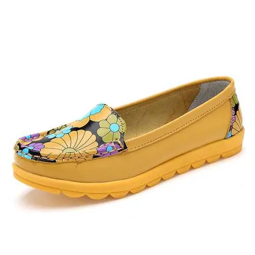 Women Fashion Casual Comfortable Soft Breathable Flower Leather Round Toe Flat Loafer Shoes