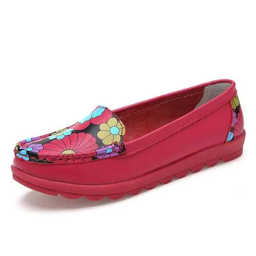 Women Fashion Casual Comfortable Soft Breathable Flower Leather Round Toe Flat Loafer Shoes