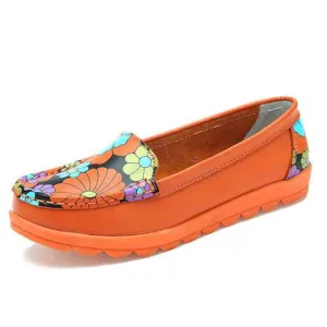 Women Fashion Casual Comfortable Soft Breathable Flower Leather Round Toe Flat Loafer Shoes