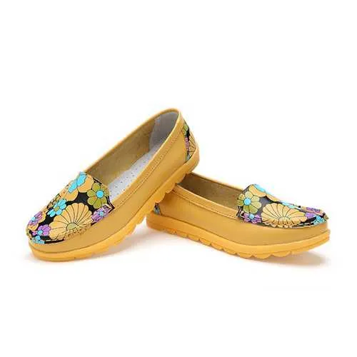 Women Fashion Casual Comfortable Soft Breathable Flower Leather Round Toe Flat Loafer Shoes