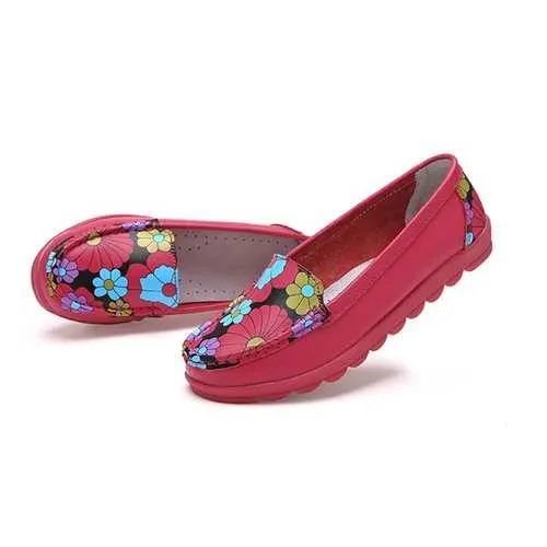 Women Fashion Casual Comfortable Soft Breathable Flower Leather Round Toe Flat Loafer Shoes
