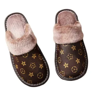 Women's Winter Warm Plush Leather Indoor House Cozy Home Slippers   S475521