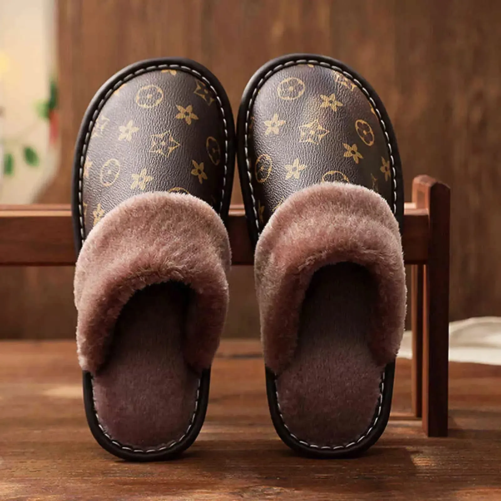 Women's Winter Warm Plush Leather Indoor House Cozy Home Slippers   S475521